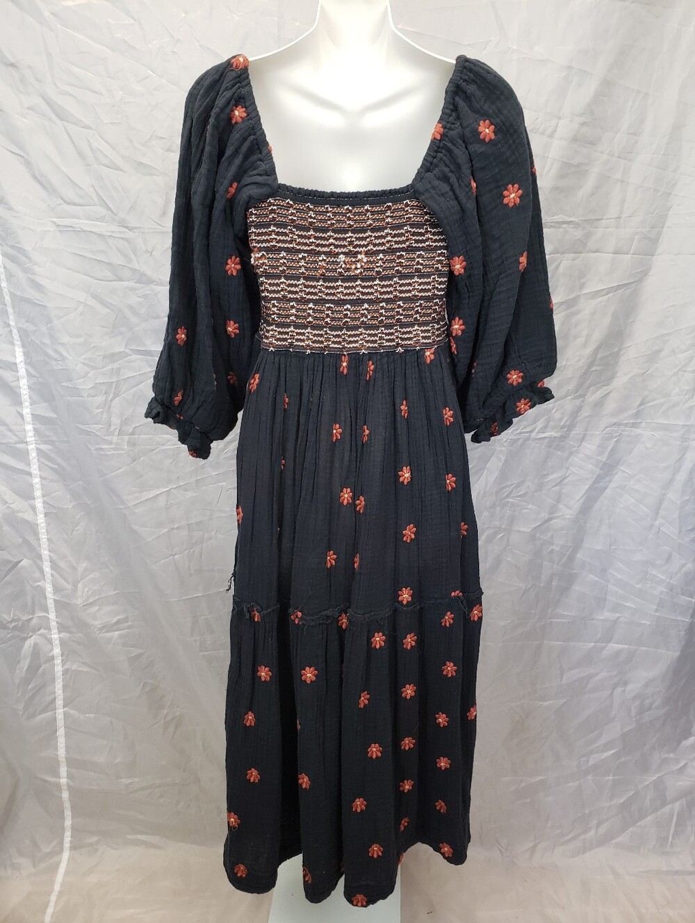 Free People Dahlia Embroidered Maxi Dress Black Combo Smocked Size Medium - Picture 7 of 12